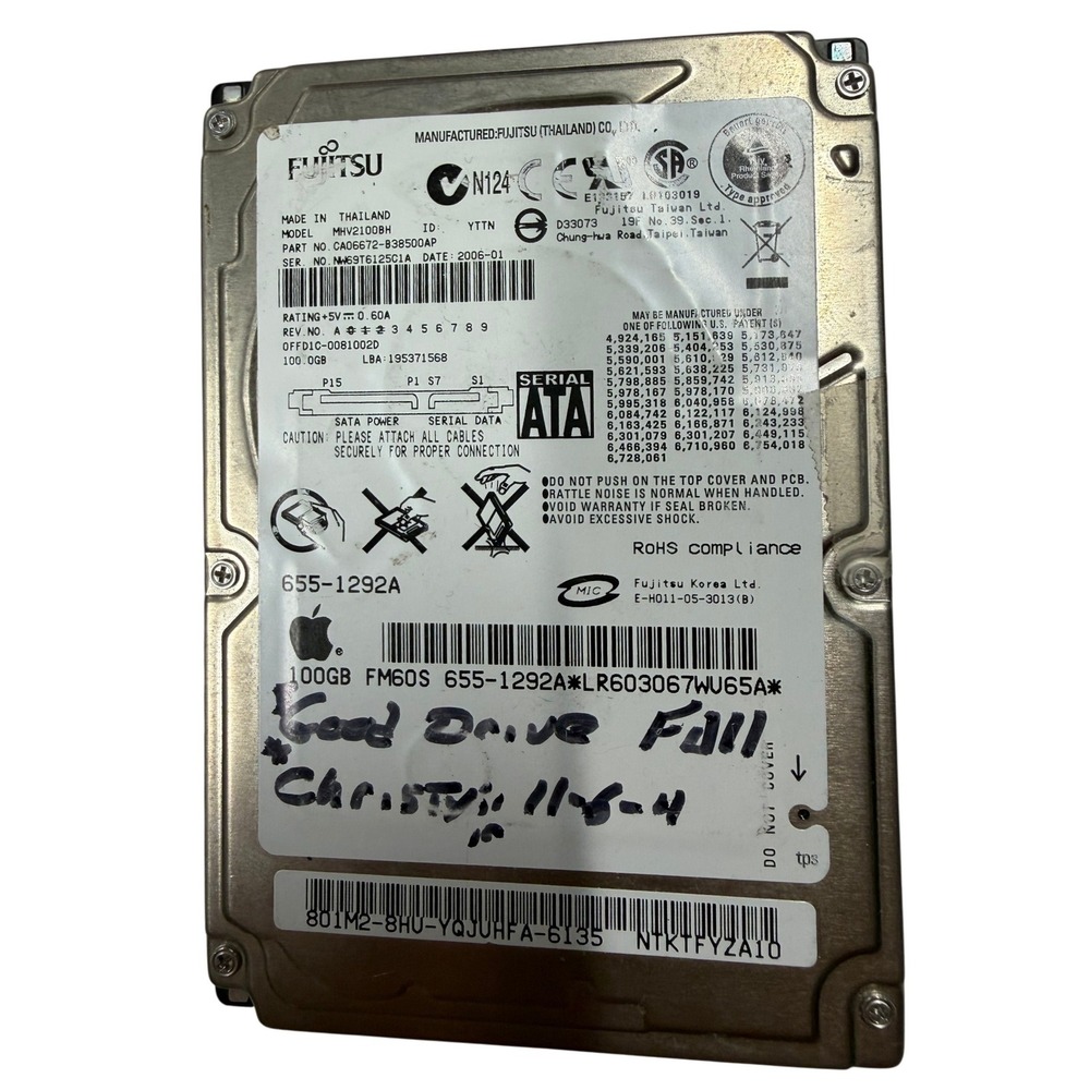 Fujitsu 100GB 2.5 SATA Internal Hard Drive MHV2100BH 5400RPM Apple 655-1292A